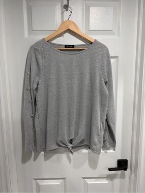 Lily Morgan Light Gray Knit Tie-Hem Ribbed Sweater with Side Bow Details